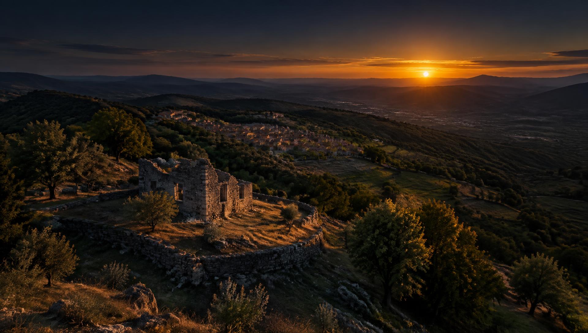Ruína em terreno rústico na Serra da Gardunha ao pôr do sol